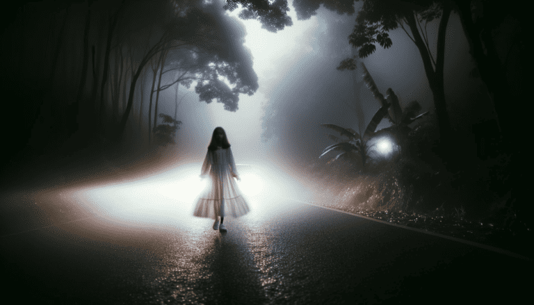 hd photo of a mist covered road at night. a spectral 13 year old girl dressed in a white sundress is walking, and she becomes visible when a car's hea