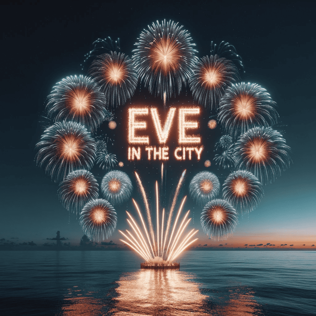 photo of fireworks exploding in the night sky, creating a mesmerizing spectacle over the ocean. the centerpiece is the words 'eve in the city' spelled