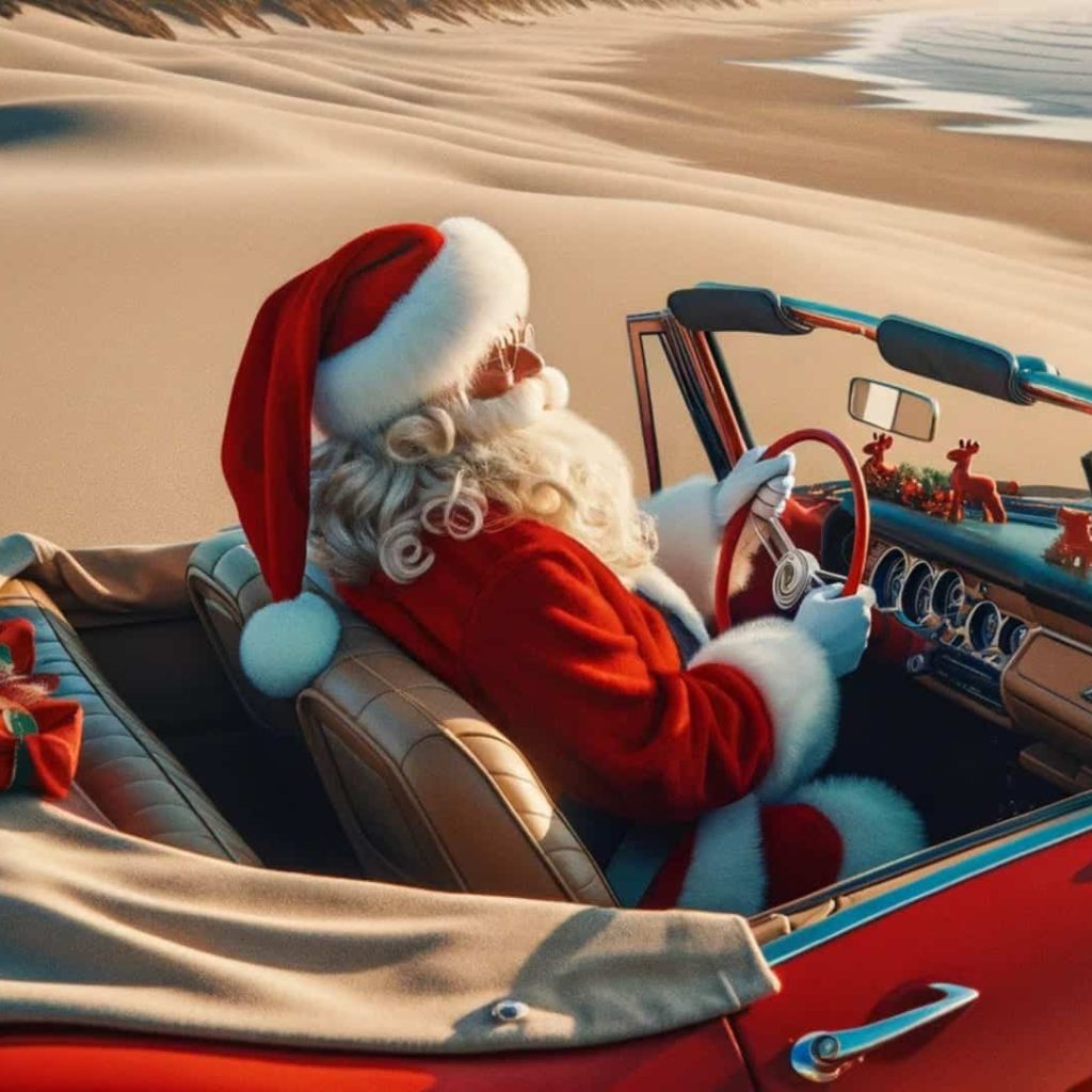 Santa driving car in the beach with gifts.