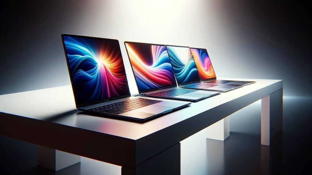 Three laptops with vibrant wallpapers on table.