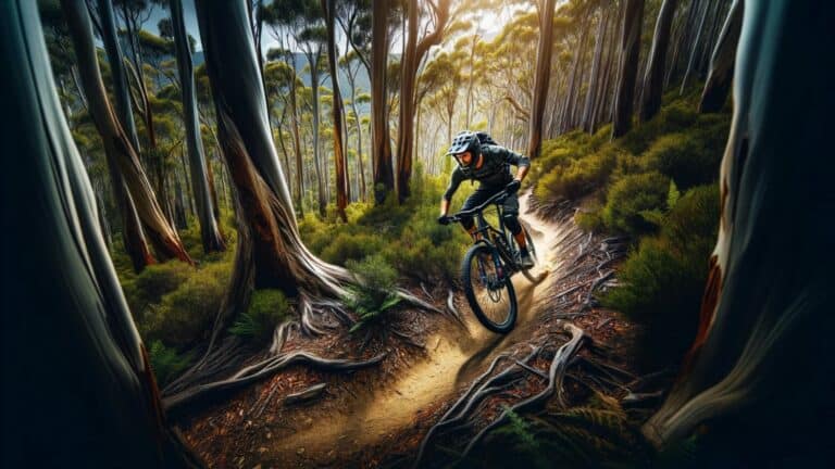 Mountain biker rides trail in Australian forest.