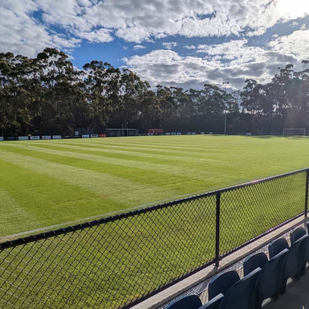 Sunny soccer field in Australian stadium.