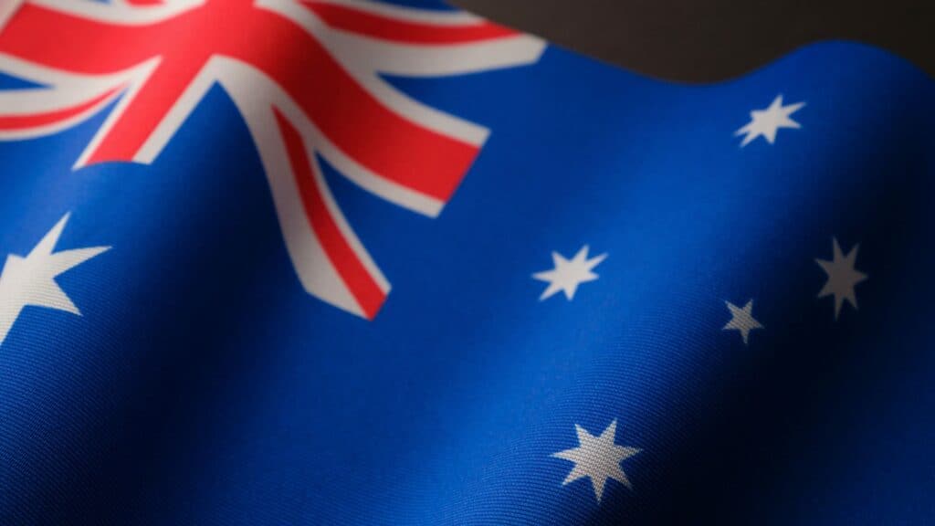 Close-up of Australian flag waving.