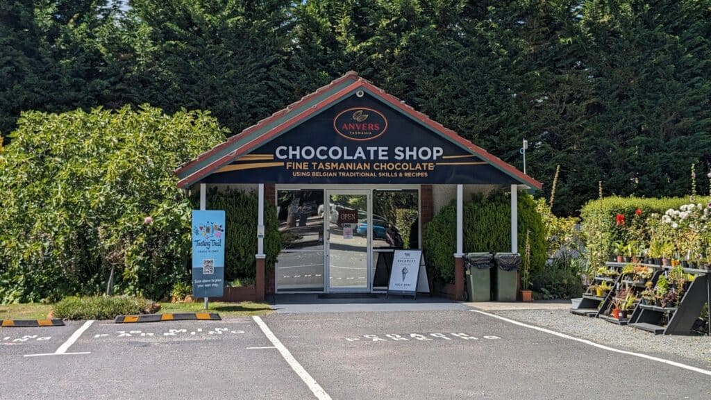 Tasmanian chocolate shop front with greenery.
