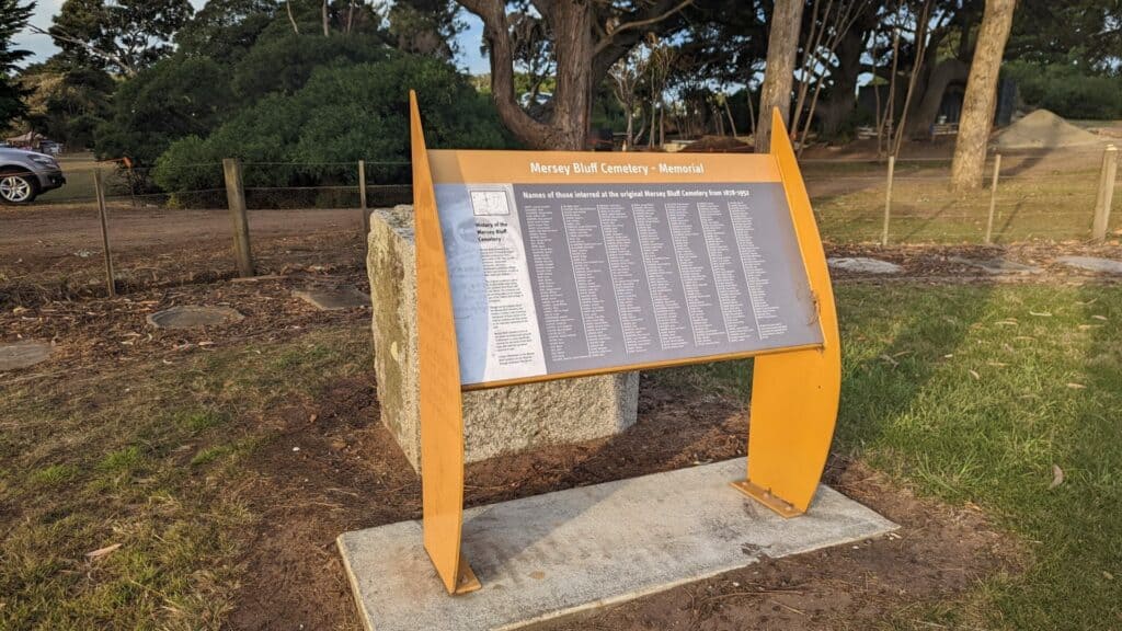 Mersey Bluff Cemetery memorial plaque in park, Australia.