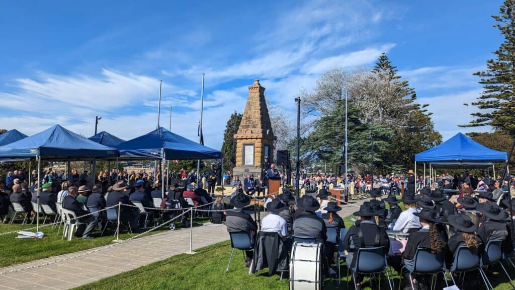 Anzac Day ceremony, Australia, war memorial, crowd gathered