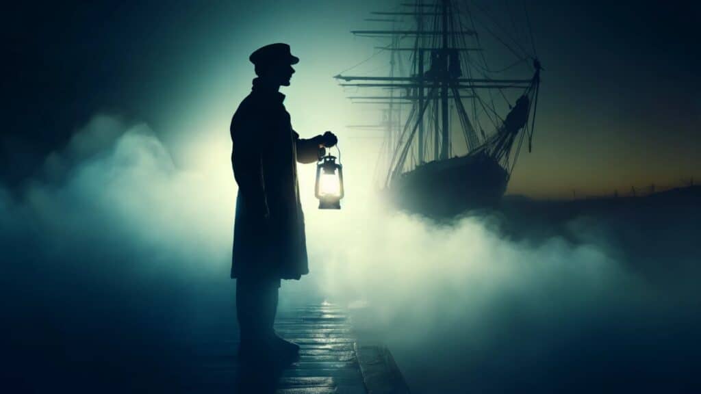 Silhouette of person with lantern by foggy dock with ship.