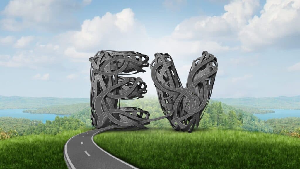 Abstract road knots in scenic landscape.